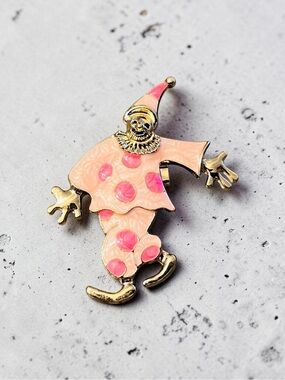 Pink Polka Dot Enamel Clown Gold Tone Brooch